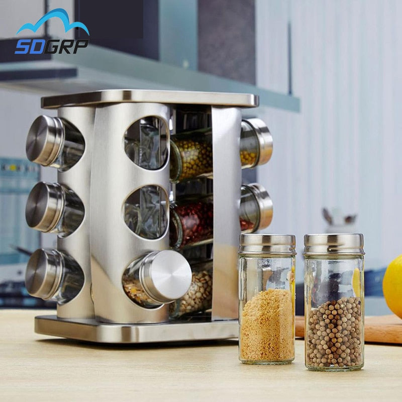Seasoning Jars Set for Spices Pepper Sprays Bottles Rotating Cruet  Condiment Salt Shakers Holder Kitchen Storage Rack Organizer