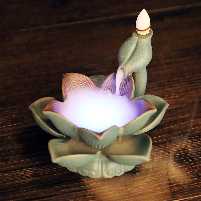 Ceramic Smoke Backflow Aromatherapy Furnace Creative LED Colorful Light Lotus Backflow Sandalwood Furnace Craft Ornament - decor
