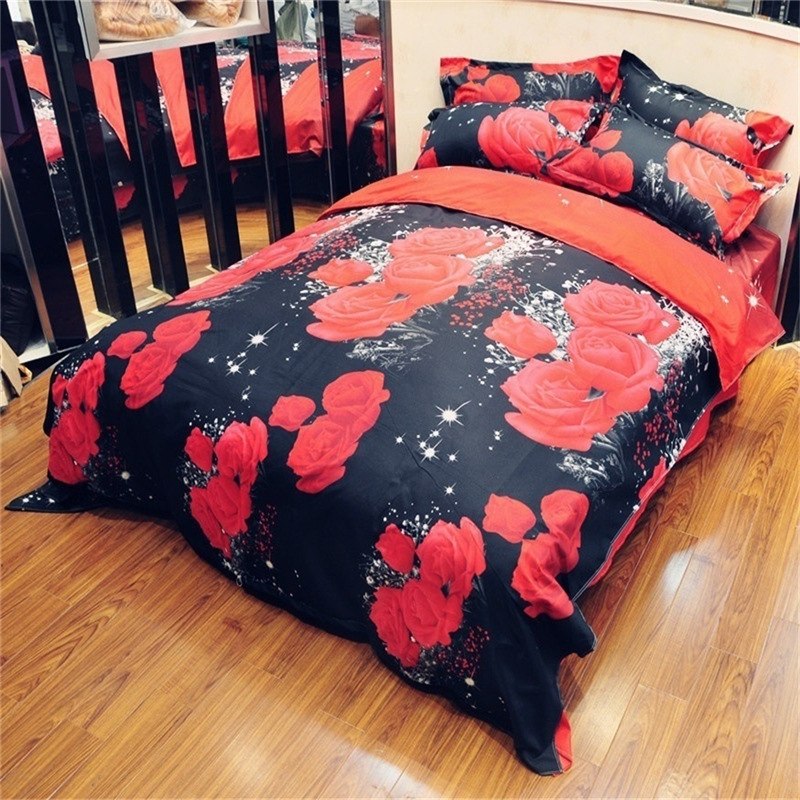 Textile 2/3Pcs Red Dream 3D Oil Painting Rose Printed Bedding Set Queen King Size Quilt Cover Bed Sheet Pillowcases