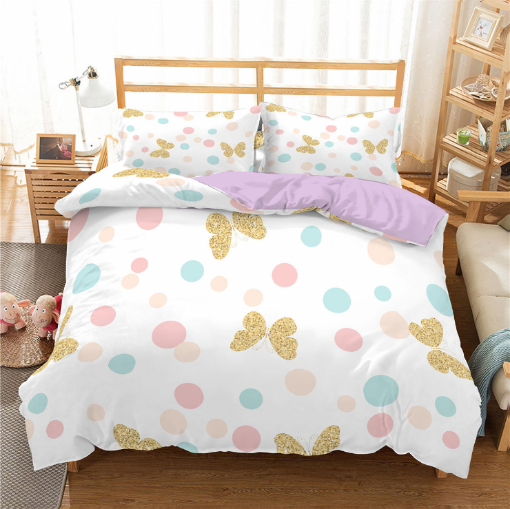 Textile 3D digital printing three piece princess bed stripe butterfly quilt cover pillow case