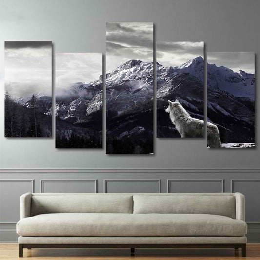 HomDe HD Prints Canvas Wall Art Living Room Home Decor Pictures 5 Pieces Snow Mountain Plateau Wolf Paintings Animal Posters Framework