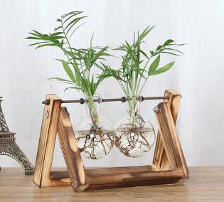 Vintage Creative Hydroponic Plant Transparent Vase Wooden Frame Coffee Shop Room Glass Tabletop Plant Bonsai Decr - HomDe