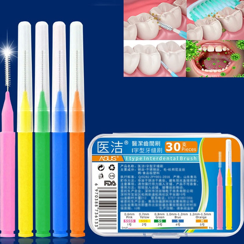 30Pcs/set I Shaped Interdental Brush Denta Floss Interdental Cleaners Orthodontic Dental Teeth Brush Toothpick Oral Care Tool - B&H