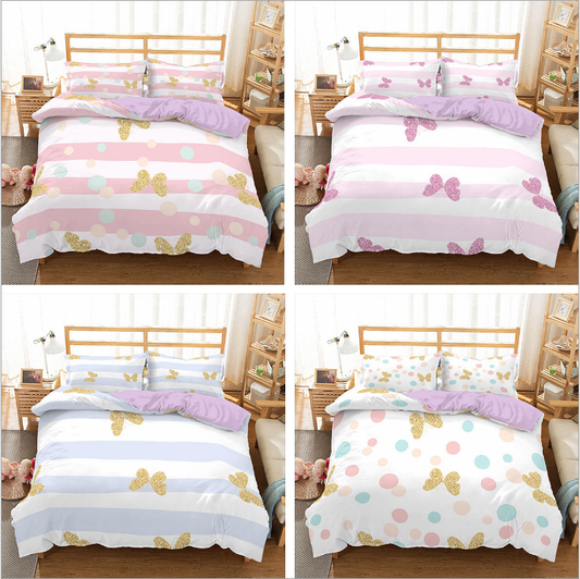Textile 3D digital printing three piece princess bed stripe butterfly quilt cover pillow case