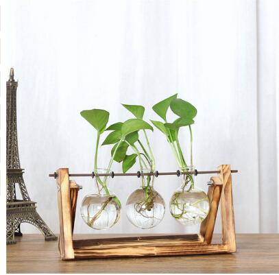 Vintage Creative Hydroponic Plant Transparent Vase Wooden Frame Coffee Shop Room Glass Tabletop Plant Bonsai Decr - HomDe