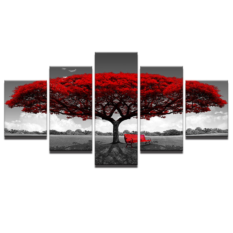 HomDe Modular Canvas HD Prints Posters Home Decor Wall Art Pictures 5 Pieces Red Tree Art Scenery Landscape Paintings Framework PENGDA