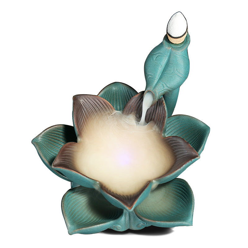 Ceramic Smoke Backflow Aromatherapy Furnace Creative LED Colorful Light Lotus Backflow Sandalwood Furnace Craft Ornament - decor