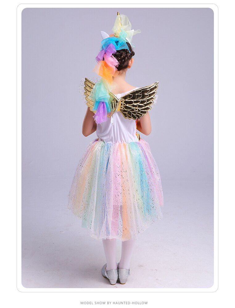 Girl's Rainbow Unicorn Costume Halloween Party Tutu Lace Dress with Wing Headband Princess Birthday Fancy Dress sequin Dress