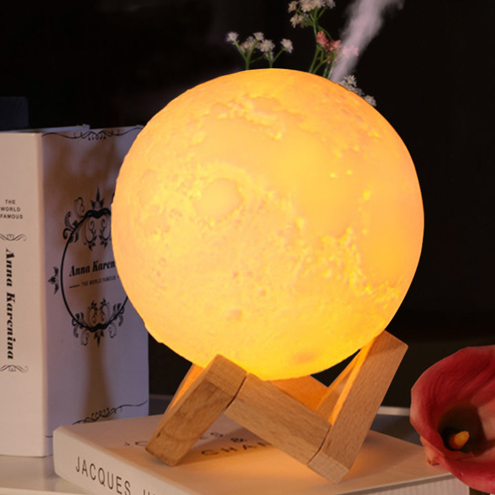 880ml 3D Moon Lamp Moonlight Humidifier with 3 Color Changing Night Light USB Charging Air Humidifier Mist Maker for Home - decor