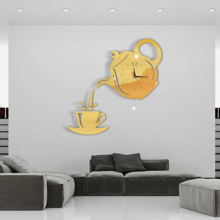 HomDe Fashion Creative Teapot Wall Clock DIY Acrylic Mirror Wall Stickers Decorative Clock Living Room Bedroom Clock Mute Clock