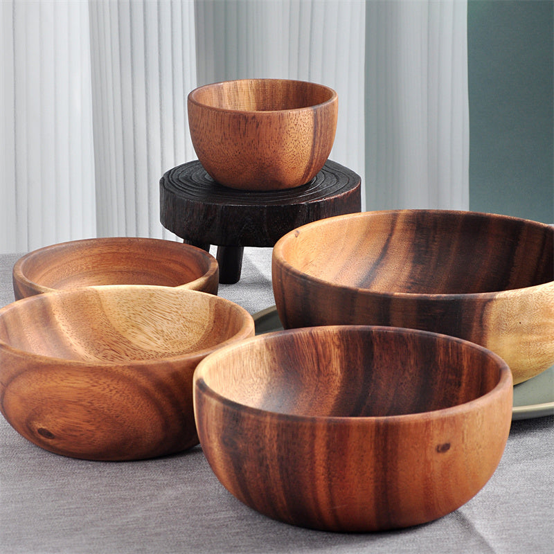Acacia Wood Bowl Solid Wood Plate Tableware Salad Bowl Shallow Mouth Bowl - kitchen
