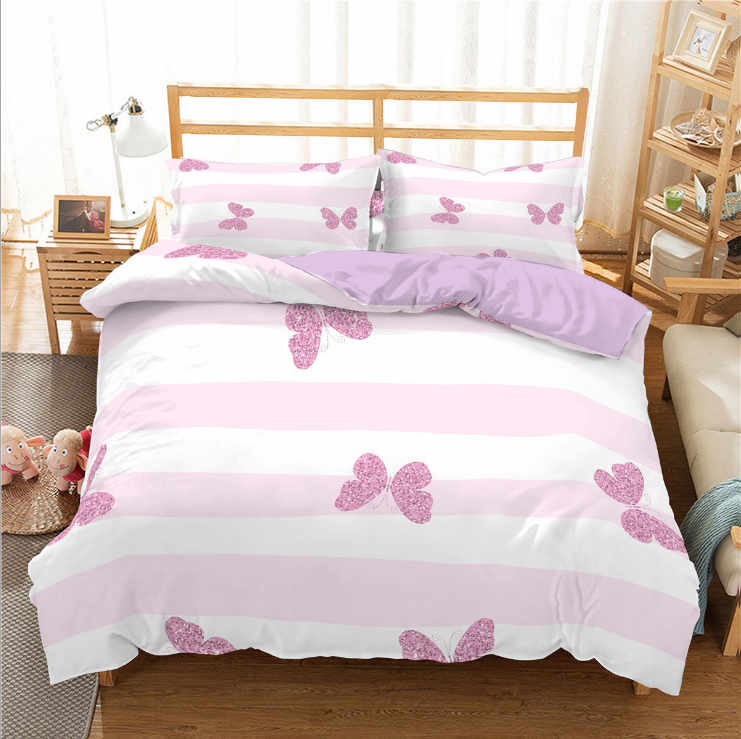 Textile 3D digital printing three piece princess bed stripe butterfly quilt cover pillow case