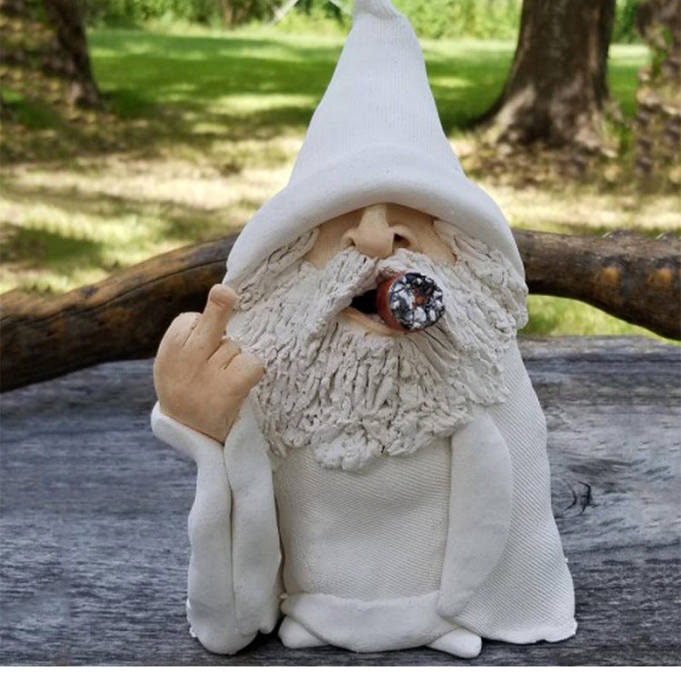 Garden Gnome Dwarf Ornaments Resin Crafts White Robe Smoking Vertical Middle Finger Garden Landscape Decoration