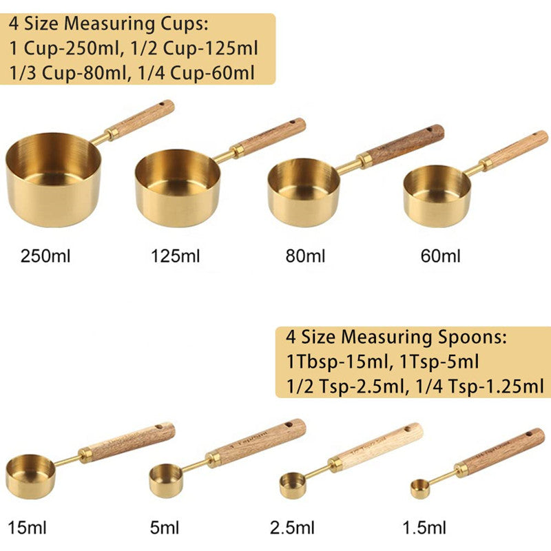 Acacia Wooden Handle Stainless Steel Measuring Cup Measuring Spoon Eight-Piece Set Kitchen Baking Tool Bartender Scale Measuring Spoon Set