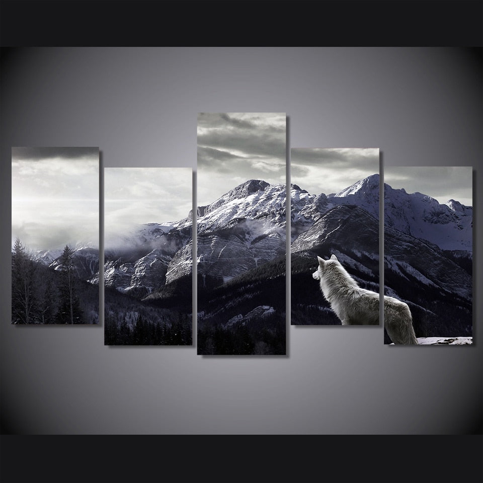 HomDe HD Prints Canvas Wall Art Living Room Home Decor Pictures 5 Pieces Snow Mountain Plateau Wolf Paintings Animal Posters Framework