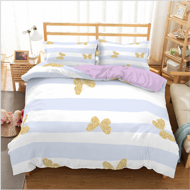 Textile 3D digital printing three piece princess bed stripe butterfly quilt cover pillow case