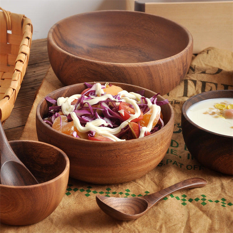 Acacia Wood Bowl Solid Wood Plate Tableware Salad Bowl Shallow Mouth Bowl - kitchen
