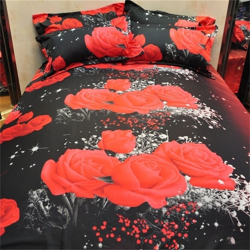 Textile 2/3Pcs Red Dream 3D Oil Painting Rose Printed Bedding Set Queen King Size Quilt Cover Bed Sheet Pillowcases