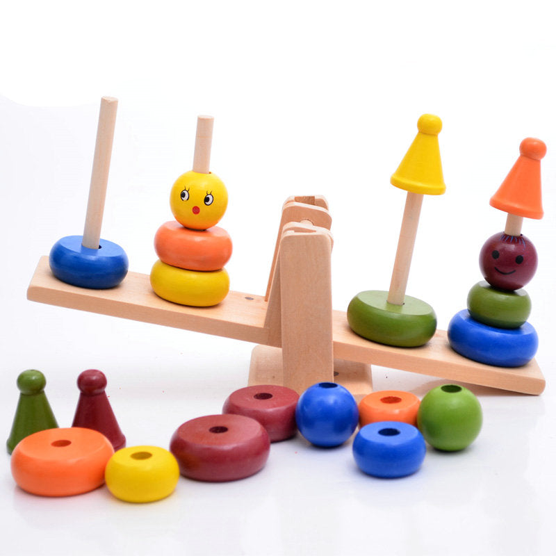 Kid Montessori teaching AIDS children wooden rainbow tower balance toys, children clown balance blocks wood toys
