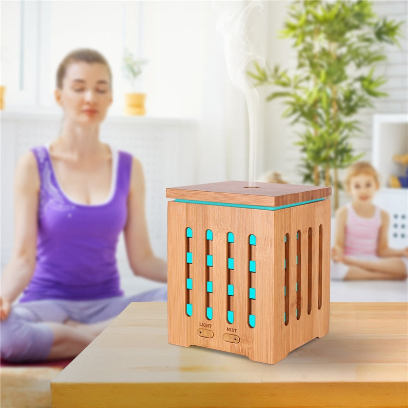 Real Bamboo Essential Oil Diffuser Ultrasonic Aromatherapy Diffusers with 7 LED Colorful Lights and Waterless Auto Shut - decor