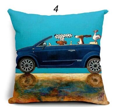 HomDe Pillow Lovely Cartoon Dog Driving Car Vintage Almofadas 45X45CM Linen Pillow Decorative Linen Cushion Cover - Textile