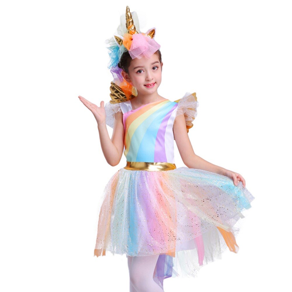 Girl's Rainbow Unicorn Costume Halloween Party Tutu Lace Dress with Wing Headband Princess Birthday Fancy Dress sequin Dress