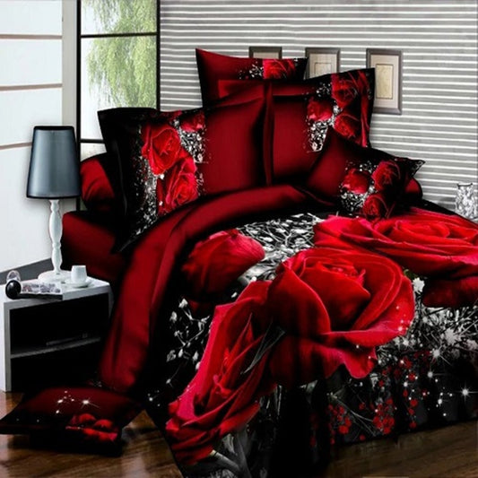 Textile 2/3Pcs Red Dream 3D Oil Painting Rose Printed Bedding Set Queen King Size Quilt Cover Bed Sheet Pillowcases