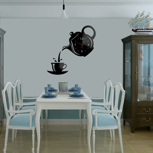 HomDe Fashion Creative Teapot Wall Clock DIY Acrylic Mirror Wall Stickers Decorative Clock Living Room Bedroom Clock Mute Clock