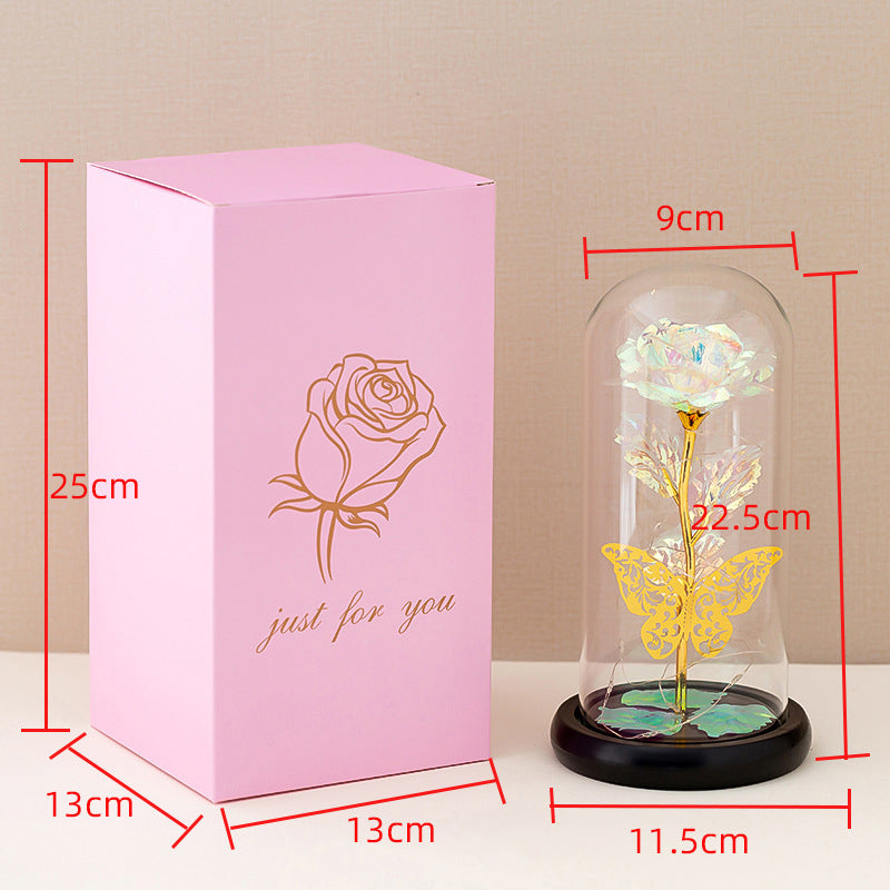 Golden Butterfly Immortal Flower Glass Cover Rose Glowing Gold Foil Rose Christmas Valentine's Day - light