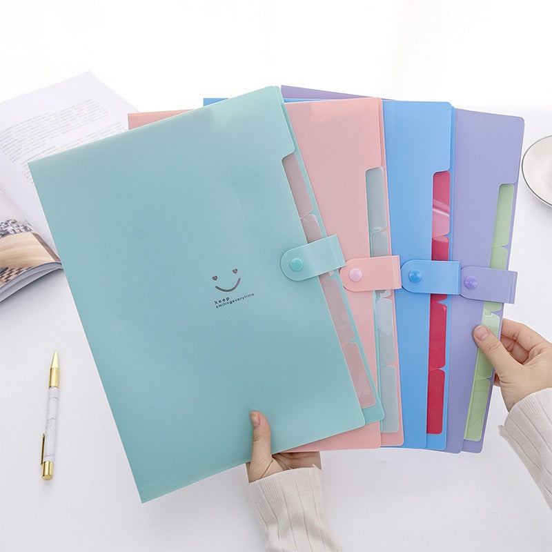 Office Student Multi-Layer Folder Smiley Face A4 Organ Bag File Pocket Insert Data Book Test Paper Folder 5 Compartments