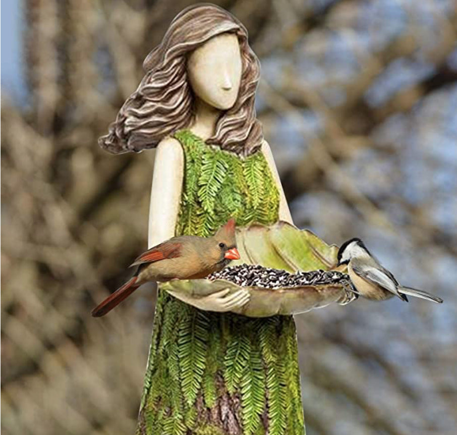 Outdoor Garden Landscape Scene Set Crafts Angel Girl Bird Feeder Resin Ornament