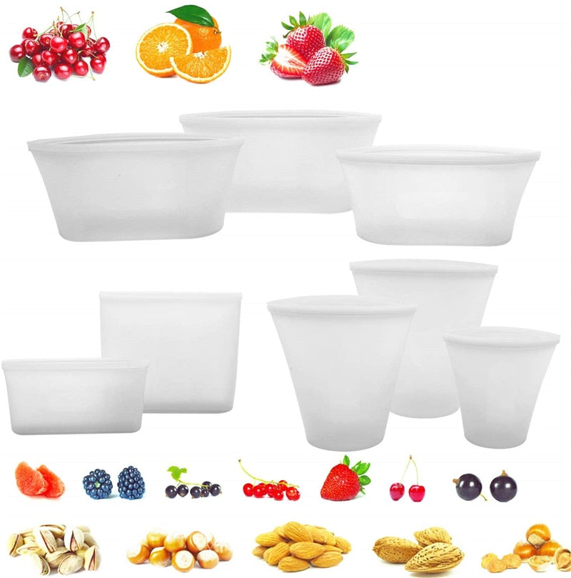 Silicone Food Storage Containers Set Fresh Bowl Cup Bag Reusable Stand Up Zips Shut Bag Fruit Vegetable Cup With Seal Organizer - kitchen