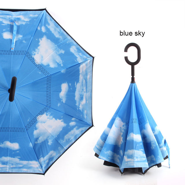 C Handle Windproof Reverse Folding Umbrella Man Women Sun Rain Car Inverted Umbrellas  - household