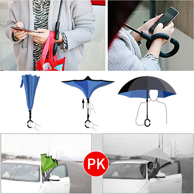 C Handle Windproof Reverse Folding Umbrella Man Women Sun Rain Car Inverted Umbrellas  - household