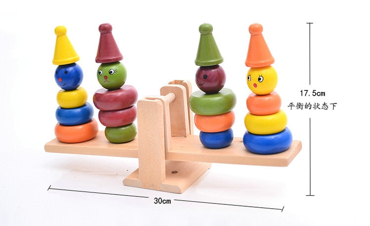 Kid Montessori teaching AIDS children wooden rainbow tower balance toys, children clown balance blocks wood toys