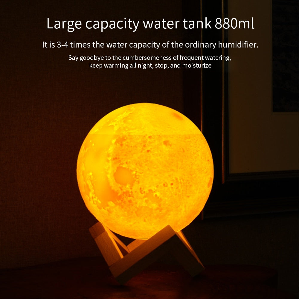 880ml 3D Moon Lamp Moonlight Humidifier with 3 Color Changing Night Light USB Charging Air Humidifier Mist Maker for Home - decor