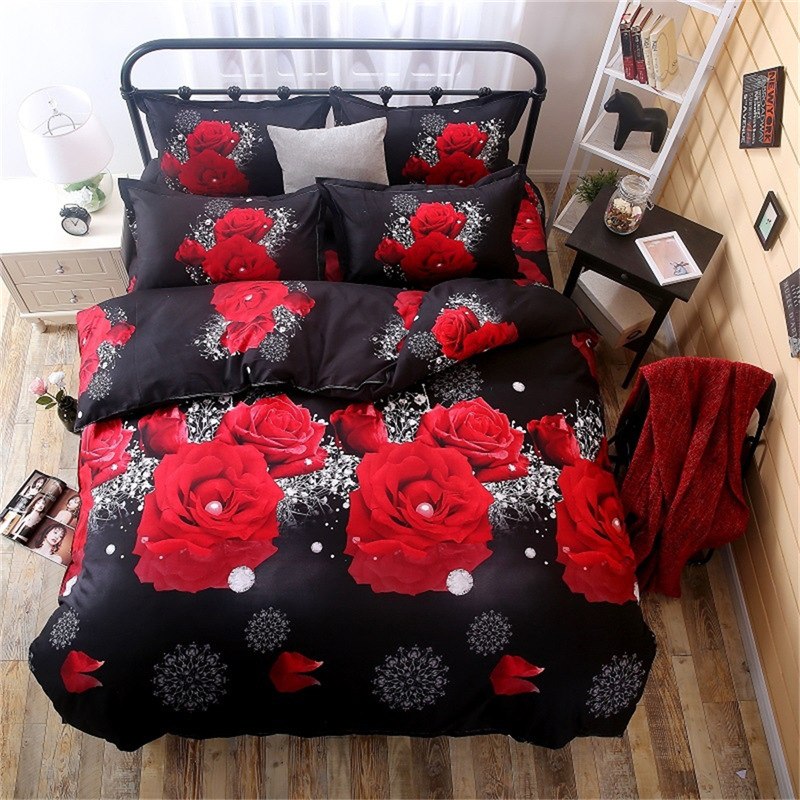 Textile 2/3Pcs Red Dream 3D Oil Painting Rose Printed Bedding Set Queen King Size Quilt Cover Bed Sheet Pillowcases