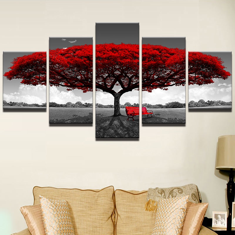 HomDe Modular Canvas HD Prints Posters Home Decor Wall Art Pictures 5 Pieces Red Tree Art Scenery Landscape Paintings Framework PENGDA