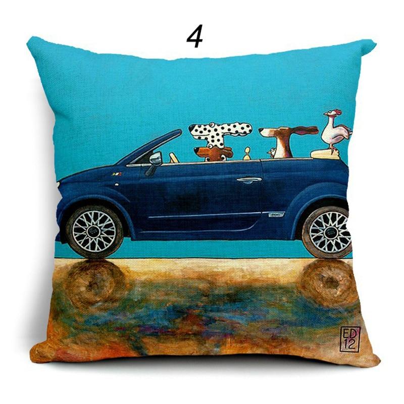 HomDe Pillow Lovely Cartoon Dog Driving Car Vintage Almofadas 45X45CM Linen Pillow Decorative Linen Cushion Cover - Textile