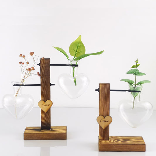 HomDe Creative Love Hydroponic Transparent Glass Vase Wooden Dry Flower Arrangement Container Tabletop Decoration Wooden Vase
