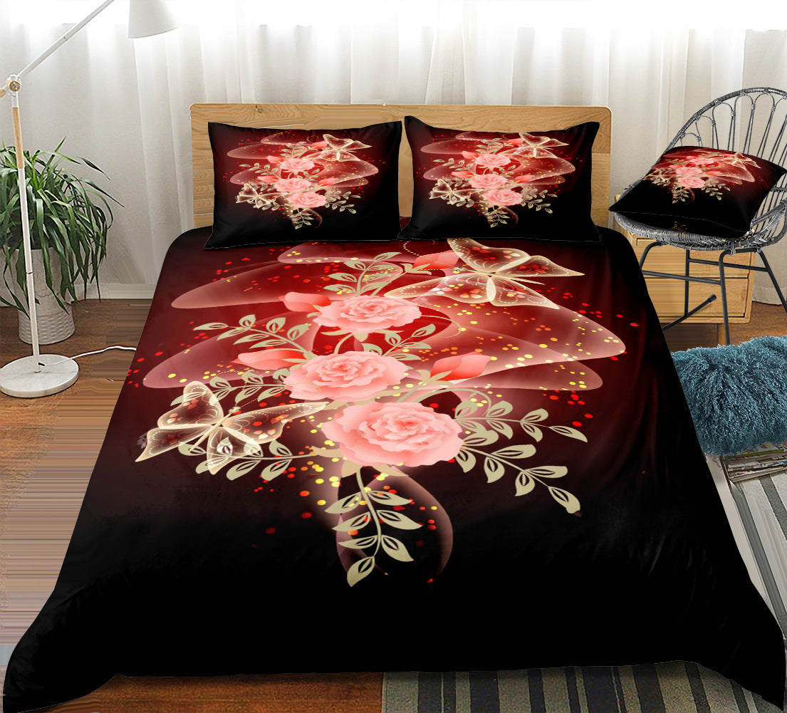 HomTe 3D Roses Home Textiles Household Supplies Flowers Three-Four-Piece Set