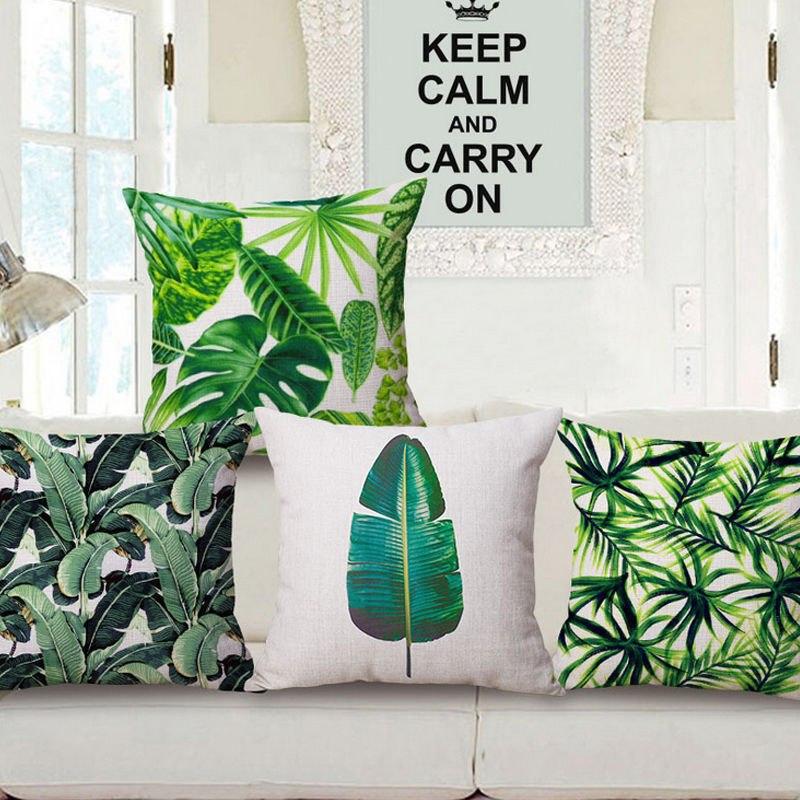 HomTe Tropical Plants Green Leaves Monstera Cushion Covers Hibiscus Flower Cushion Cover Decorative Beige Linen Pillow Case